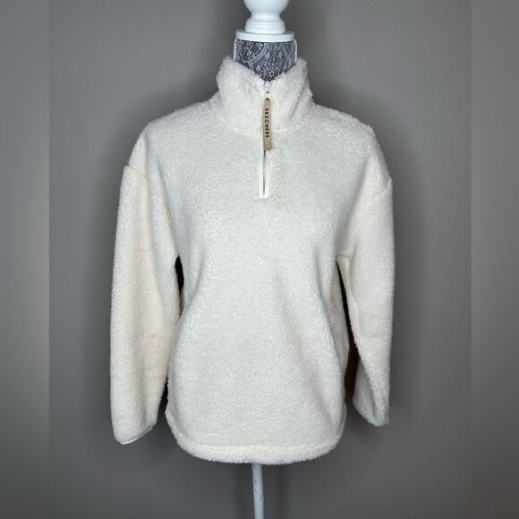 SKECHERS Womens 1/4 Zip Fleece Pullover with Kangaroo Pockets Cream Size XS - Picture 1 of 6